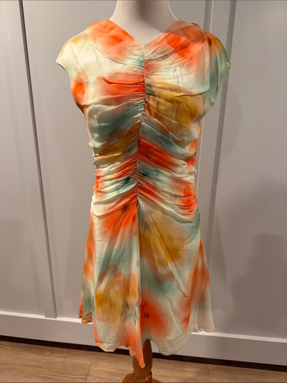 Banana Republic Coral, Aqua & Cream Watercolor Ruched Mini Dress